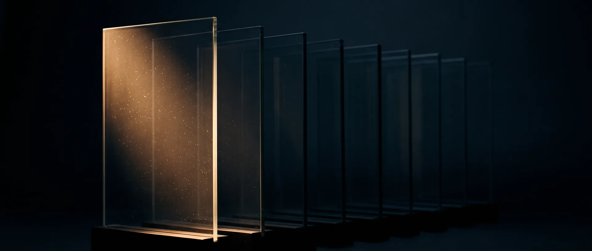 Nueve láminas de cristal una detrás de otra, sólo la primera está iluminada y enfocada